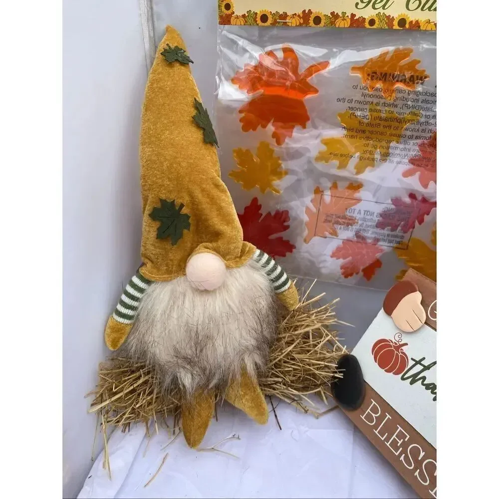 🍂 Fall Harvest Gnome Décor Bundle – Light-Up Plush, Wooden Sign & Gel Window Cl